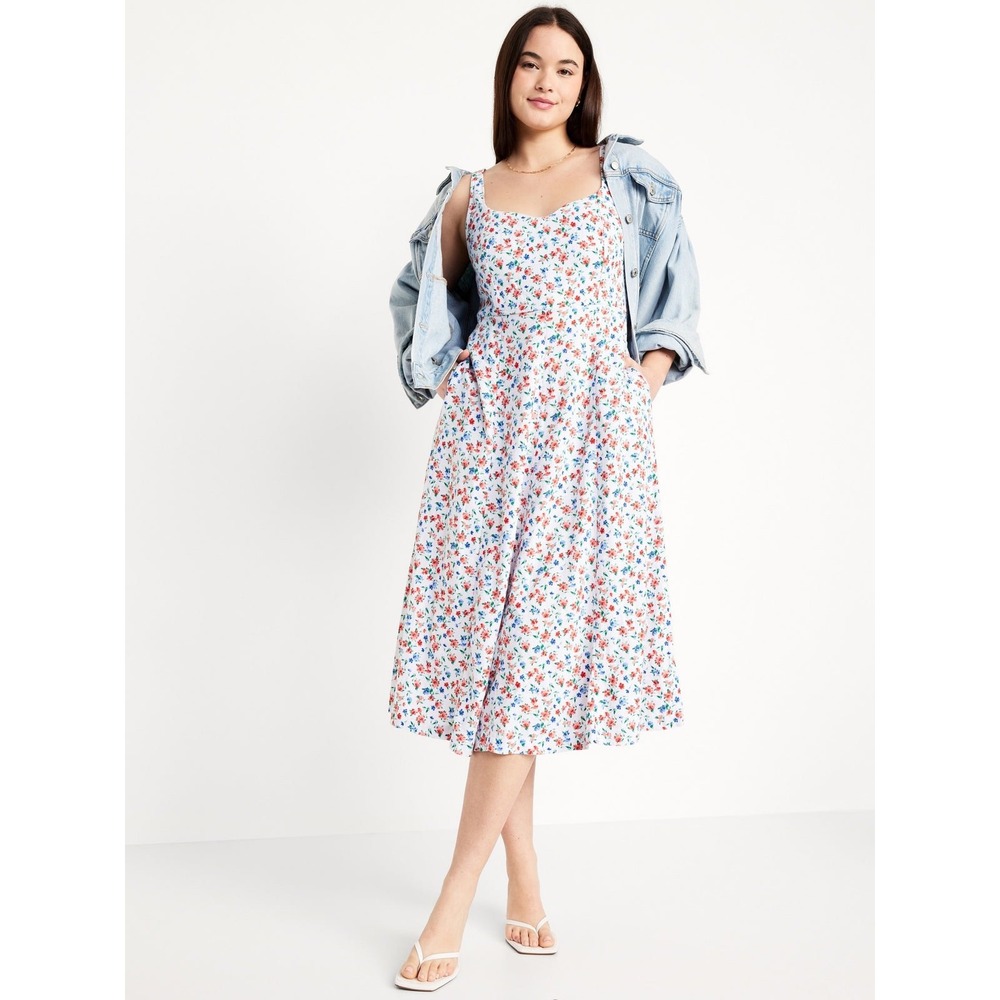 Floral Romantic Linen Notched sweetheart Neckline Smocked Back Dress w pockets - Picture 2 of 10